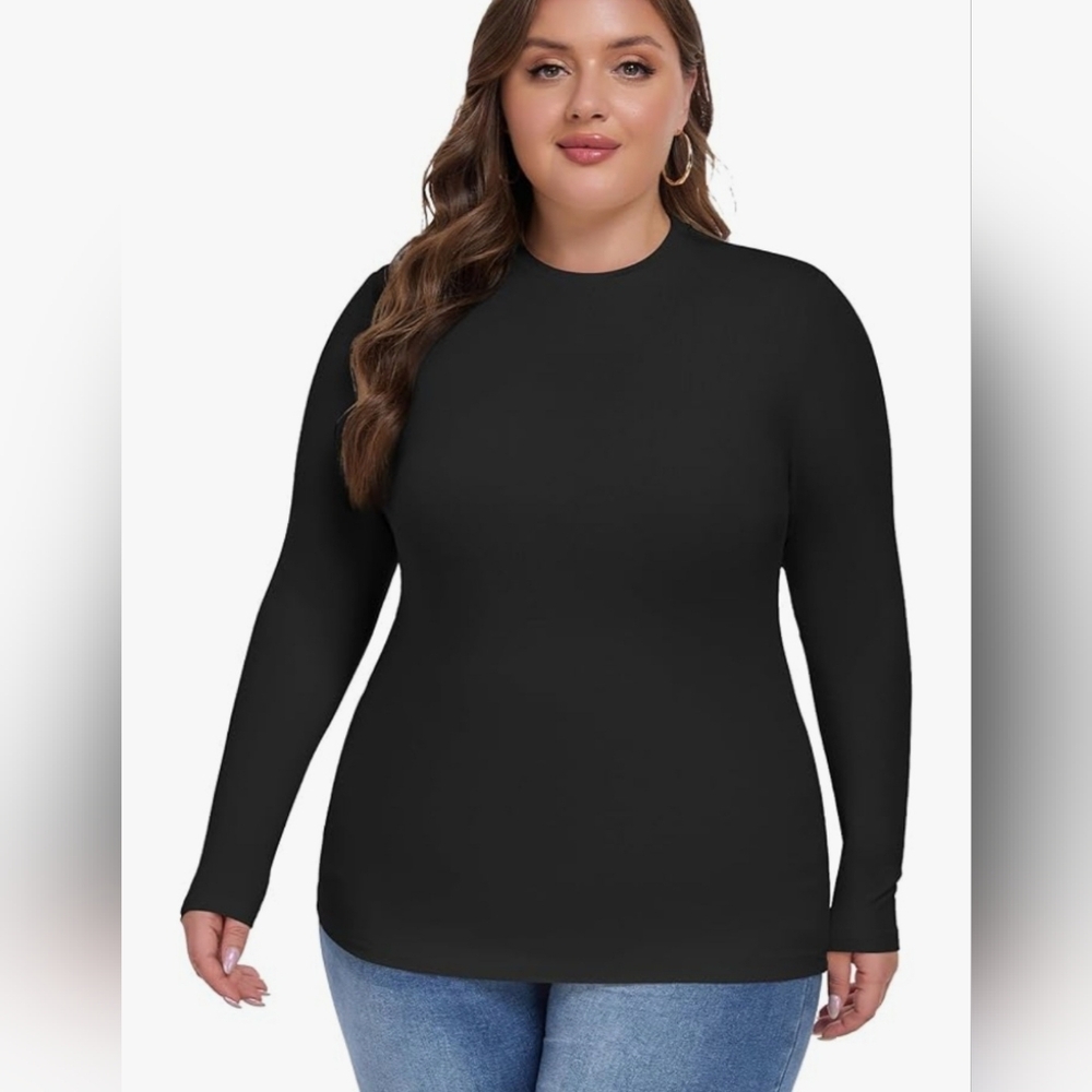 COOTRY Women's Plus Size Long Sleeve Shirt  Crew Neck Slim Fitted Basic Top. 2XL